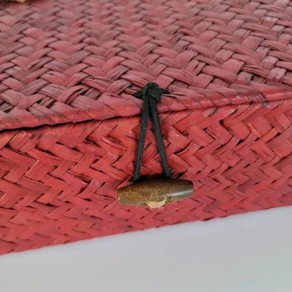 Vintage Wicker Storage Box with Lid Red Woven Keepsake Memory Box Home Decor